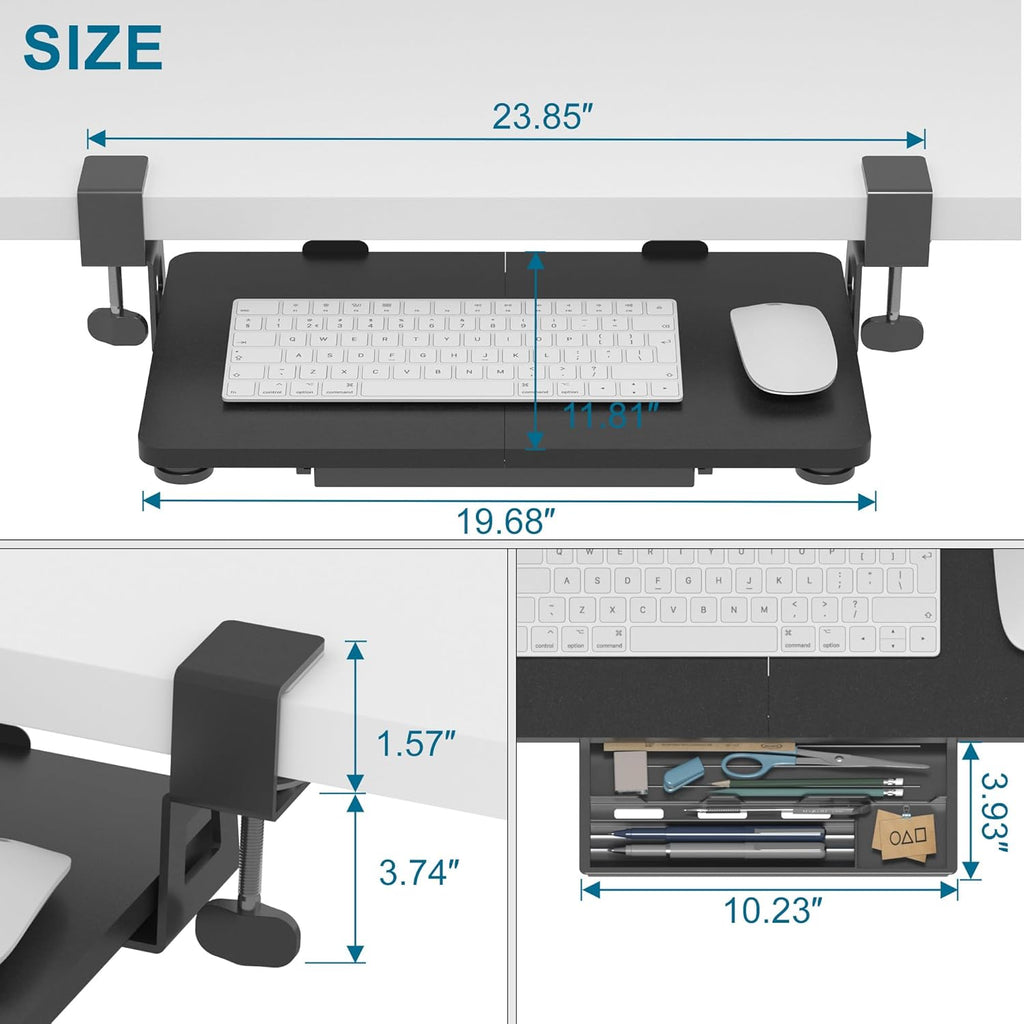 ETHU Keyboard Tray Under Desk, 19.7" X 11.81" Small Size Keyboard Drawer with C Clamp-on Mount Easy to Install, Computer Keyboard Stand Slide Pull Out, Ergonomic Keyboard Tray for Home & Office, Black