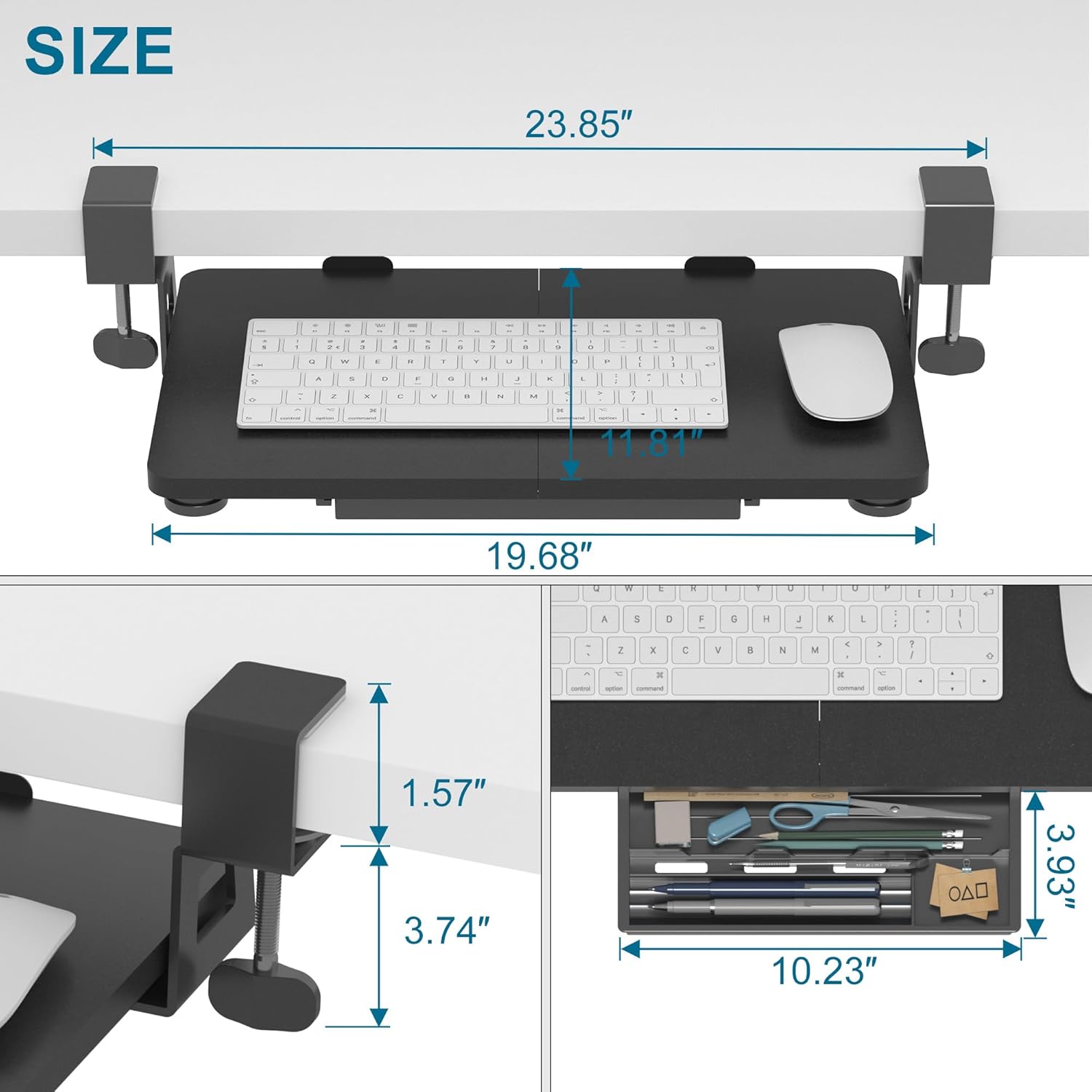 ETHU Keyboard Tray Under Desk, 19.7" X 11.81" Small Size Keyboard Drawer with C Clamp-on Mount Easy to Install, Computer Keyboard Stand Slide Pull Out, Ergonomic Keyboard Tray for Home & Office, Black