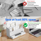 Bamboo Desk Organizer Mail Holder Countertop Wood Desk Drawer Tabletop Storage Box Pen Holder Letter Sorter Makeup Organizer for School Home Office Supplies with Pen Holder White