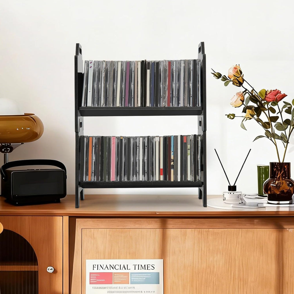 2 Pack Stackable CD Holder Organizer Rack, CD Storage Tower Shelf | Holds up to 56 CD Cases, Jewel Case Display Stand Fit for Theatre Room (Black)