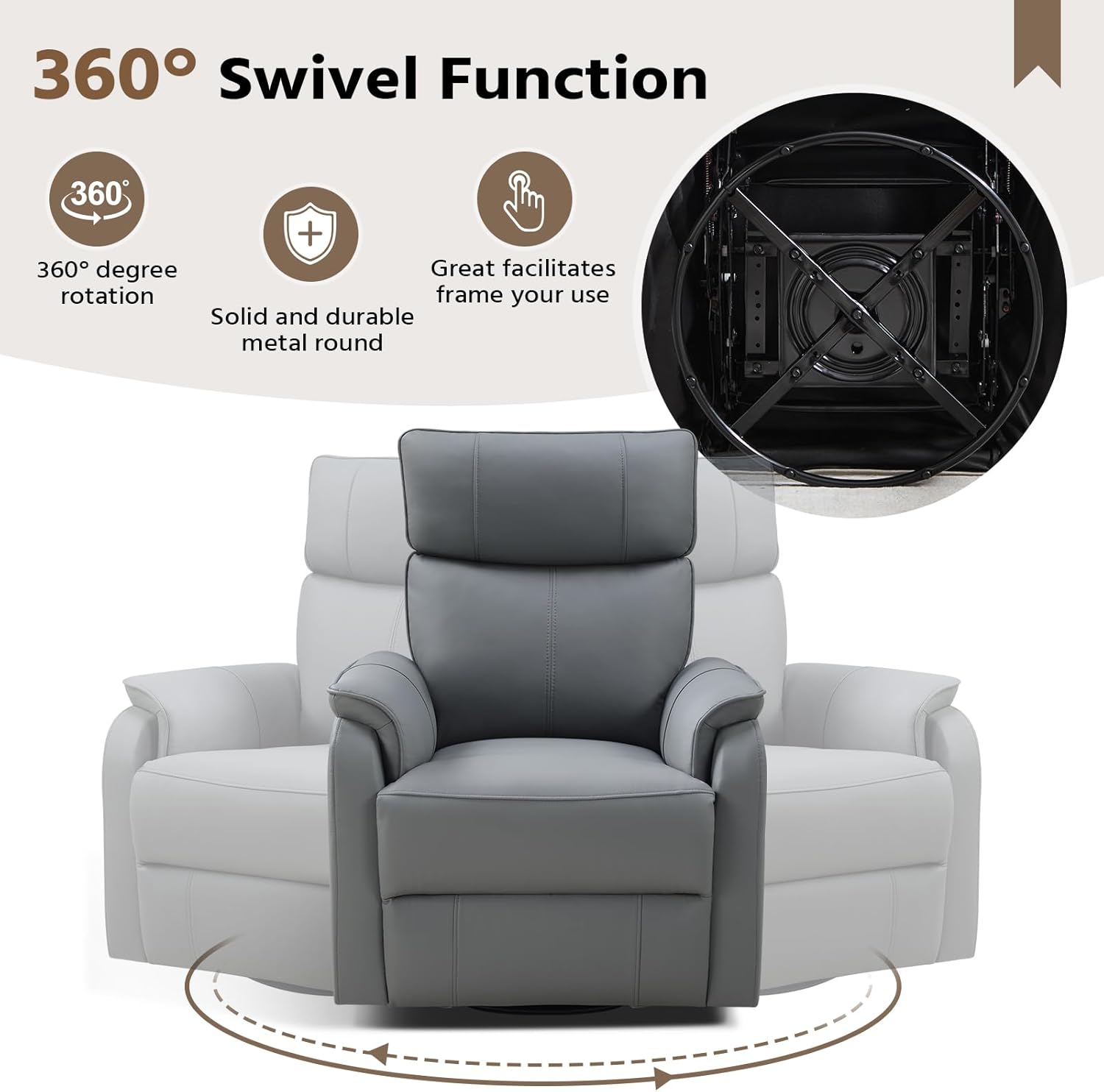 HAOMARKETS Swivel Rocker Recliner Chair Set of 2, Manual Faux Leather Glider Rocking Recliners for Adults, 360° Swivel Nursery Reclining Sofa with Padded Backrest for Living Room, Grey