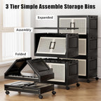 Stackable Storage Bins with Lids,Collapsible Plastic Storage Box Closet Organizers and Storage with Wheels and Magnetic Door for Home Office Dorm (3 Pack)