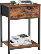 Furologee End Table with Storage Shelf and Fabric Drawer, 2 Tiers Industrial Nightstand, Bedside Table Organizer for Living Room Bedroom, Rustic Brown, Easy Assembly