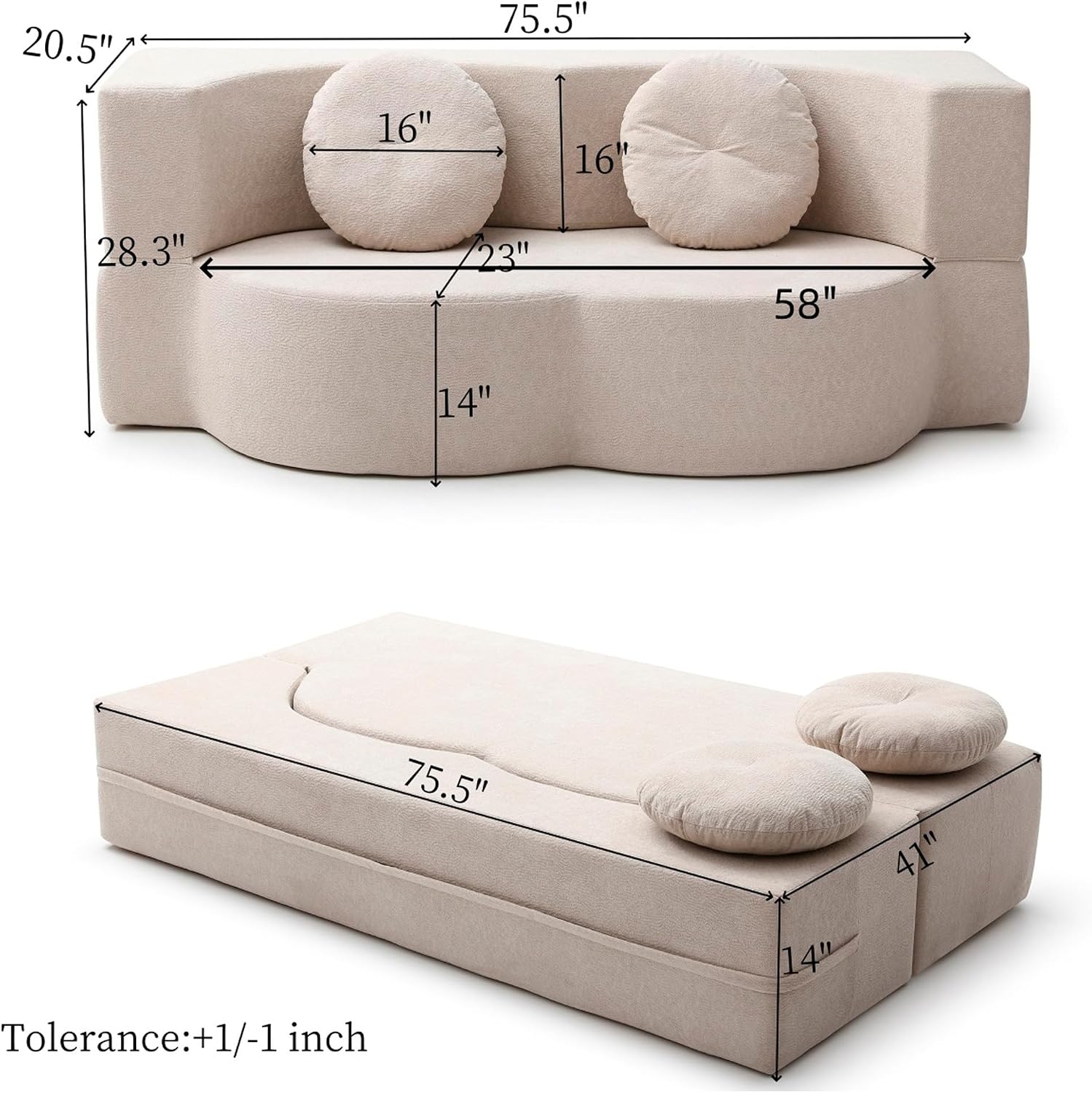 75" Convertible Folding Sofa Bed, 2-in-1 Full Size Floor Boneless Couch Bed, Loveseat sleeper Couch, Memory Foam Floor Sofa Sleeper SofaBed, Small couches for small spaces, No Assembly (Khaki)