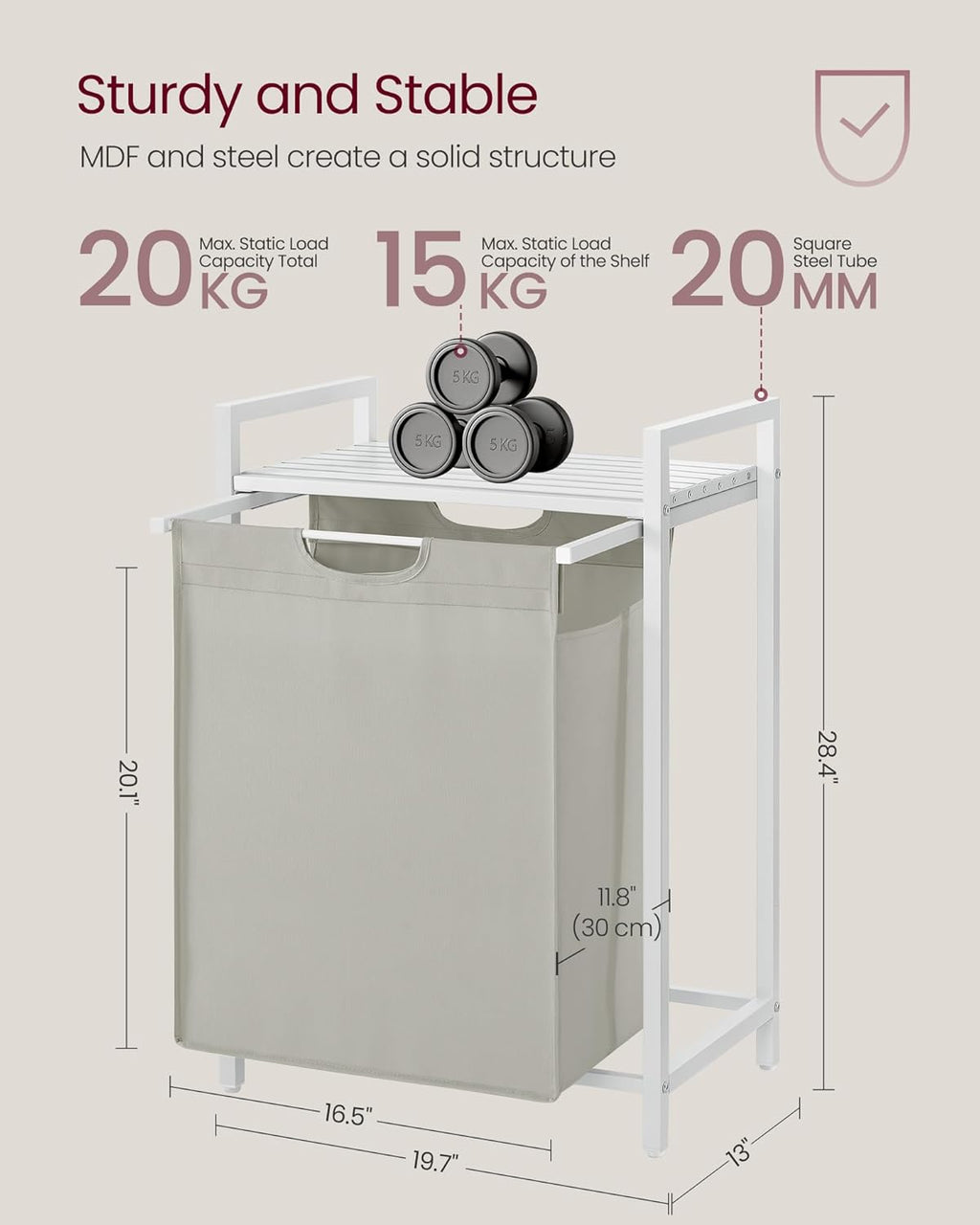 VASAGLE Laundry Hamper, Laundry Basket, Laundry Sorter with A Pull-Out and Removable Bag, Shelf, Metal Frame, 17.2 Gallons (65 L), 19.7 x 13 x 28.4 Inches, Cream White and Cloud White UBLH101W01