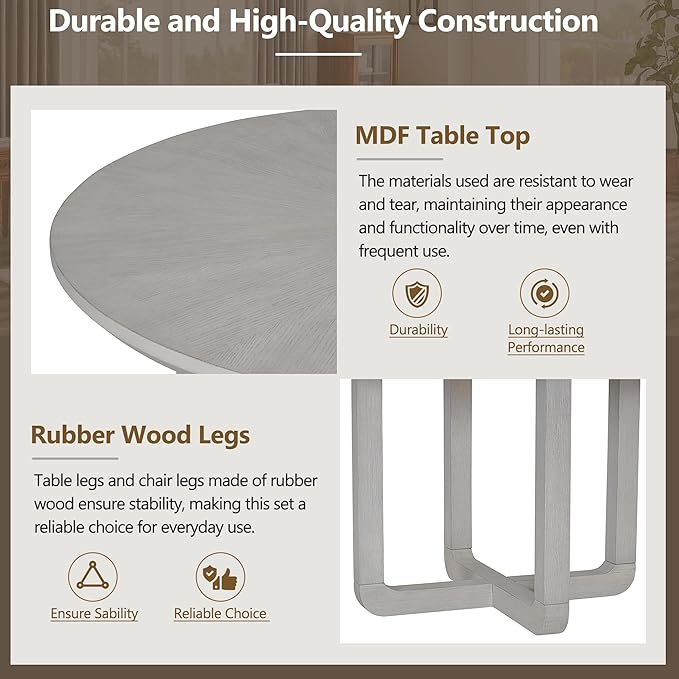 Merax 5-Piece Retro Dining Set, Round Table Top with Radial Wood Grain Design and 4 Upholstered Chairs for Dining Room and Kitchen, Antique Gray