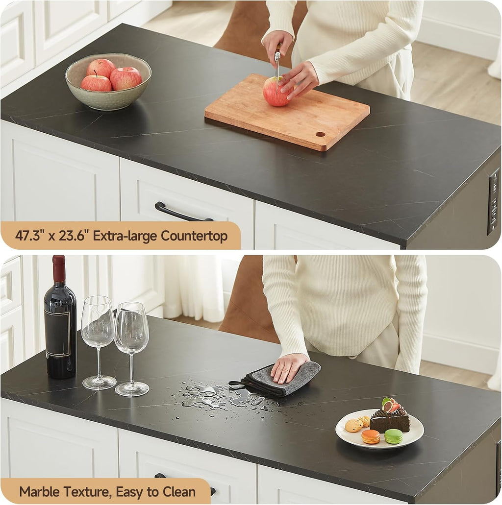 47" Kitchen Island with Power Outlet & Imitation Marble, Black | Dining Table with 2 Storage Cabinets & 4 Drawers, Adjustable Shelves, Home Bar for Kitchen, Dining Room, Living Room