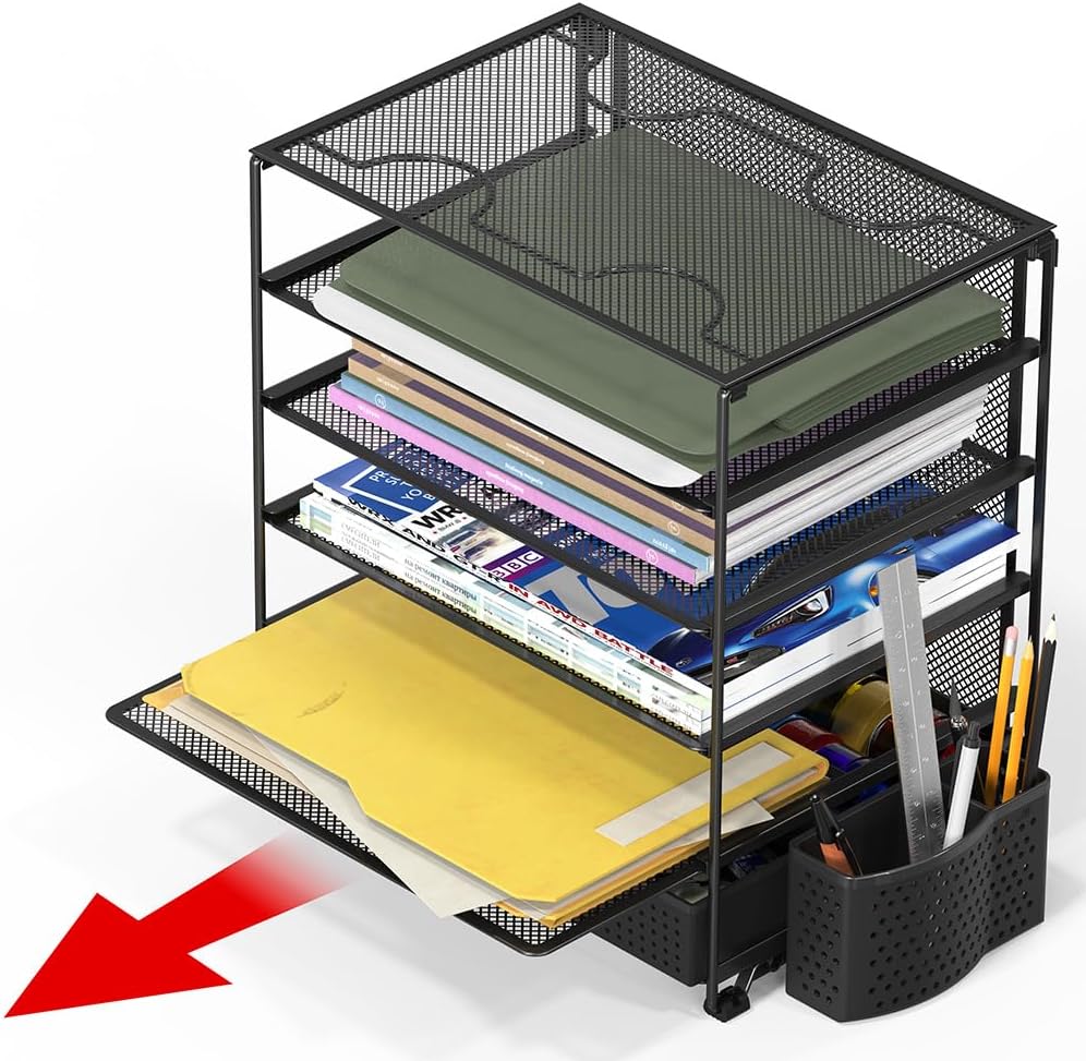 Simple Houseware 5-Tier Document File Tray with Supplies Sliding Drawer and Pen Bucket, Black