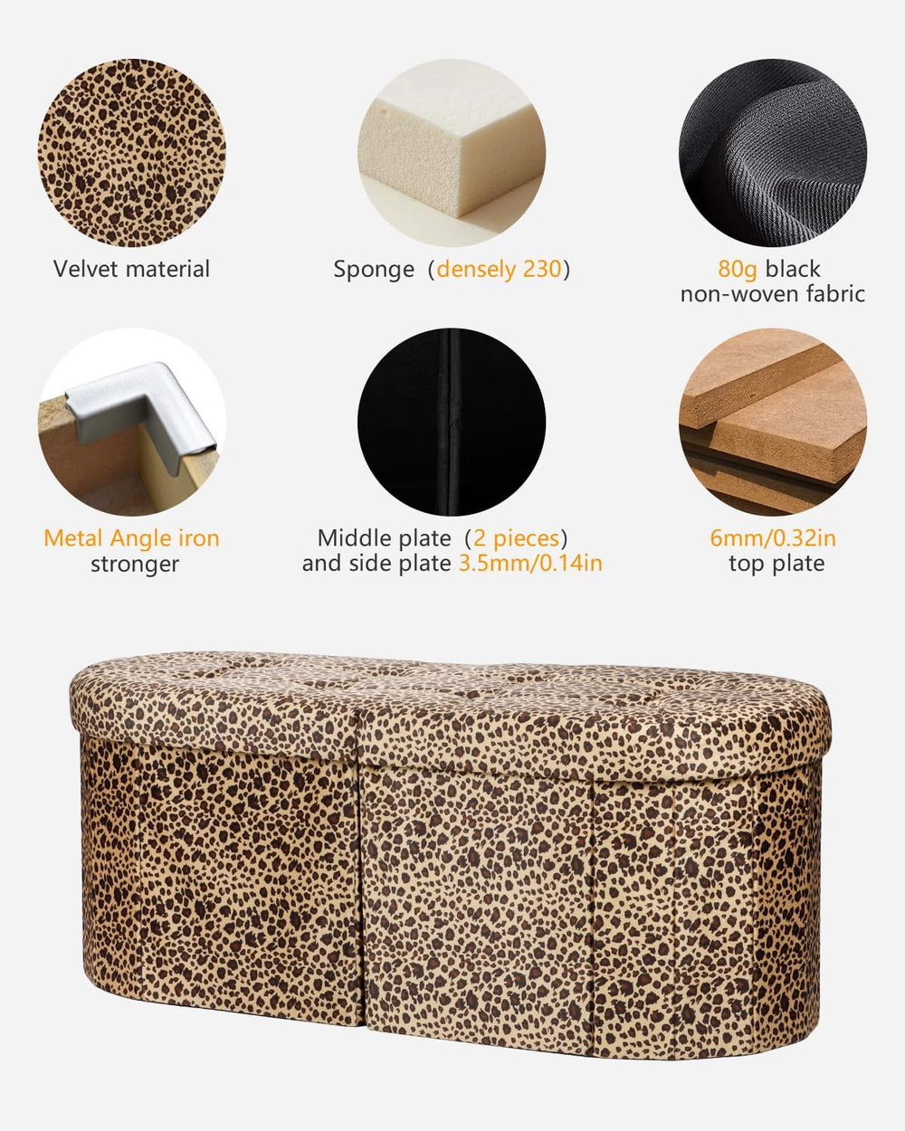AmasSmile Oval Ottoman Storage Bench,34" Leather Folding Chest,Leopard |...