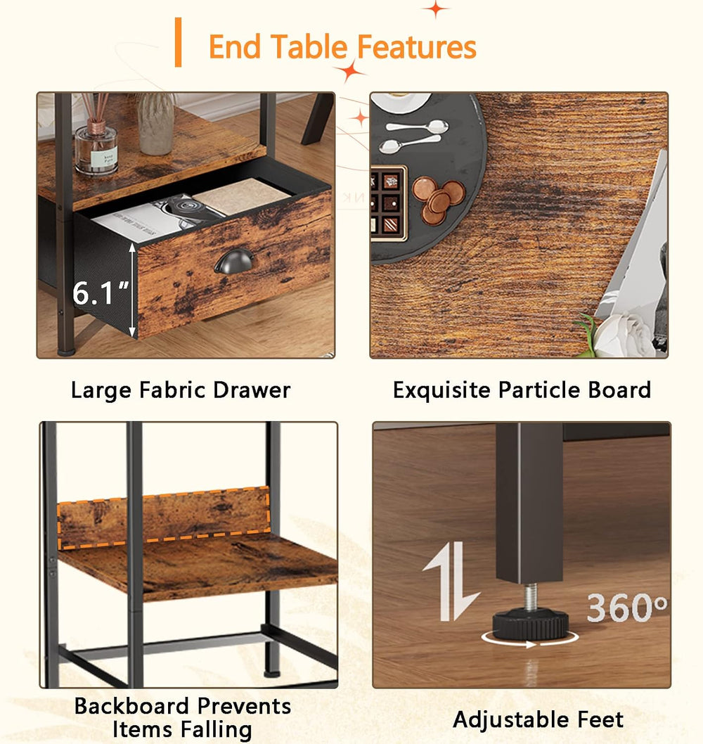 Furologee Rustic Brown Industrial Style Nightstand with Drawer, 15.7" L ...