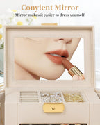 TORIBIO Jewelry Box for Women, Leather Jewelry Organizer with Mirror & Lock, 5-Tier Jewelry Storage Organizer with 4 Drawers for Girls/Women/Mothers, Necklace Earring Bracelets Holder Organizer