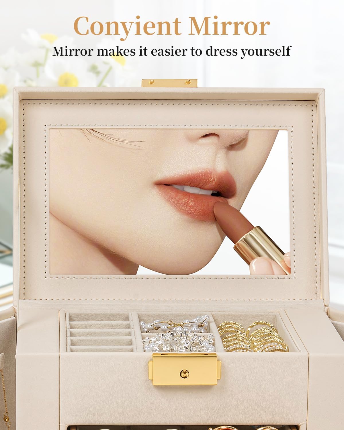 TORIBIO Jewelry Box for Women, Leather Jewelry Organizer with Mirror & Lock, 3-Tier Jewelry Storage Organizer with 2 Drawers for Girls/Women/Mothers, Necklace Earring Bracelets Holder Organizer