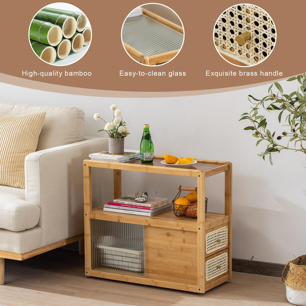 Bamboo & Rattan Side Table with Glass Top – 2-in-1 End Table and Bedside ...