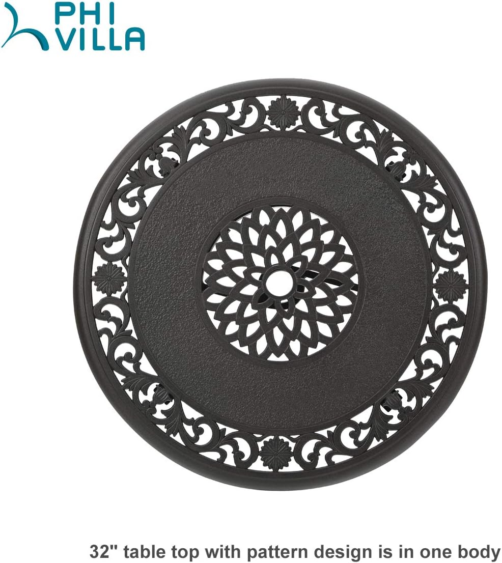 PHI VILLA 32" Cast Aluminum Round Patio Bistro Table, Brown