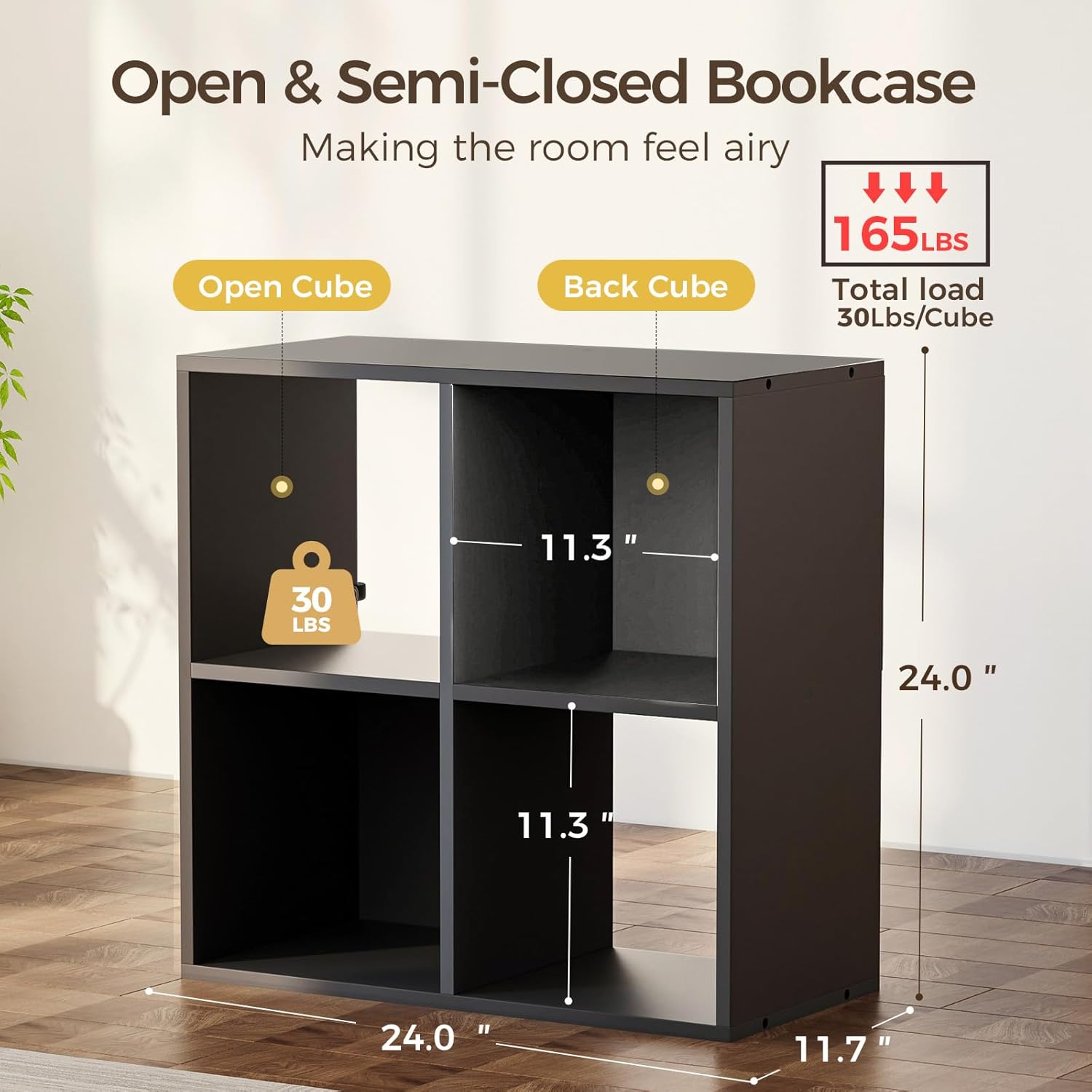 COMHOMA 4 Wood Cube Storage Organizer with Open Back and Removable Back Panels, 11In Black Cube Storage Bookshelf, Cubicle Shelf Bookcase for Home Office Bedroom Living Room, Vertical or Horizontal