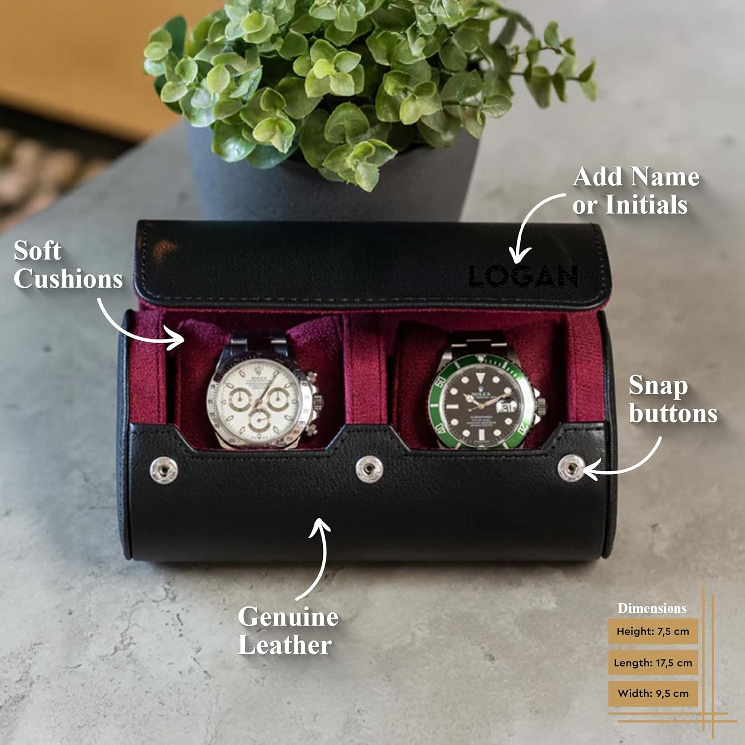 DailyWatch | Personalized Watch Roll Travel Case For 2 Watches - Handmade Genuine Leather Travel Case With Custom Engraving of Name or Initials - Black Cherry