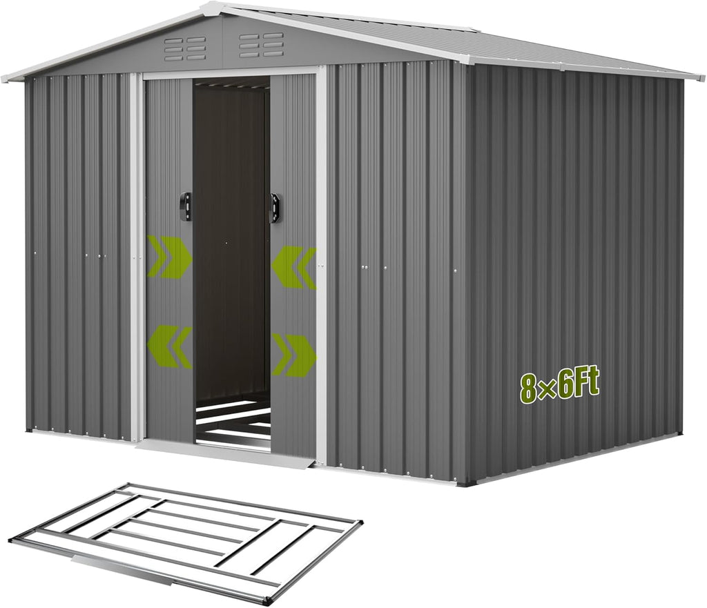 8x6ft Outdoor Metal Storage Shed with Lockable Sliding Door & Sloping Roof, Galvanized Steel Frame Waterproof Garden Tool Shed for Backyard, Garden, Lawn