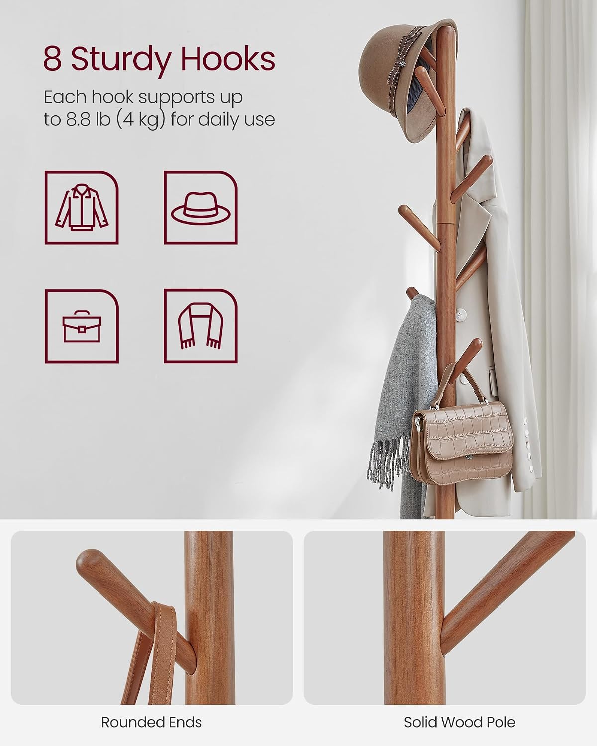 VASAGLE Coat Rack, Free Standing Coat Stand, Hall Coat Tree with 8 Hooks and Storage Shelf, 67.2 Inch Tall, for Coats, Hats, Bags, for Entryway, Hallway, Bedroom, Caramel Brown URCR040K01
