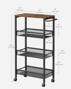 VASAGLE Slim Rolling Cart, 4-Tier Storage Cart, Narrow Cart with Handle, 8.7 Inches Deep, Metal Frame, for Kitchen, Dining Room, Living Room, Home Office, Rustic Brown and Classic Black ULRC033B01
