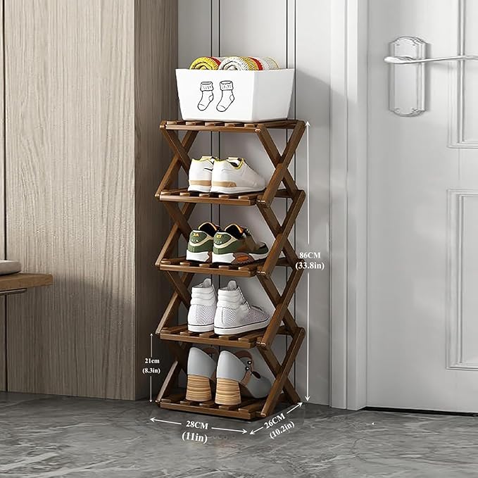 Shoe Rack, Bamboo Foldable Shoes Organizer Free Standing Shelf for Entryway, Closet, Bedroom, Hallway, | Natural | Functional | Multifunctional Shoe Rack (Wood Color) 5 Layers