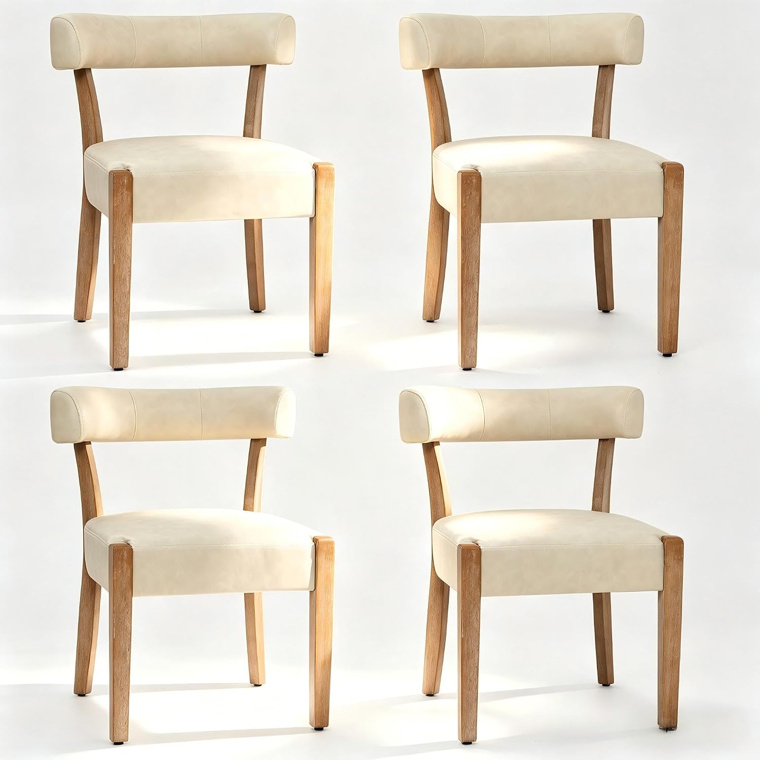 RNKSFX Modern Dining Chairs Set of 4, Faux Leather Upholstered Kitchen & Dining Room Chairs, Mid Century Modern Wooden Dining Chairs Oversized Sturdy Rounded Chairs Curved Back, Beige