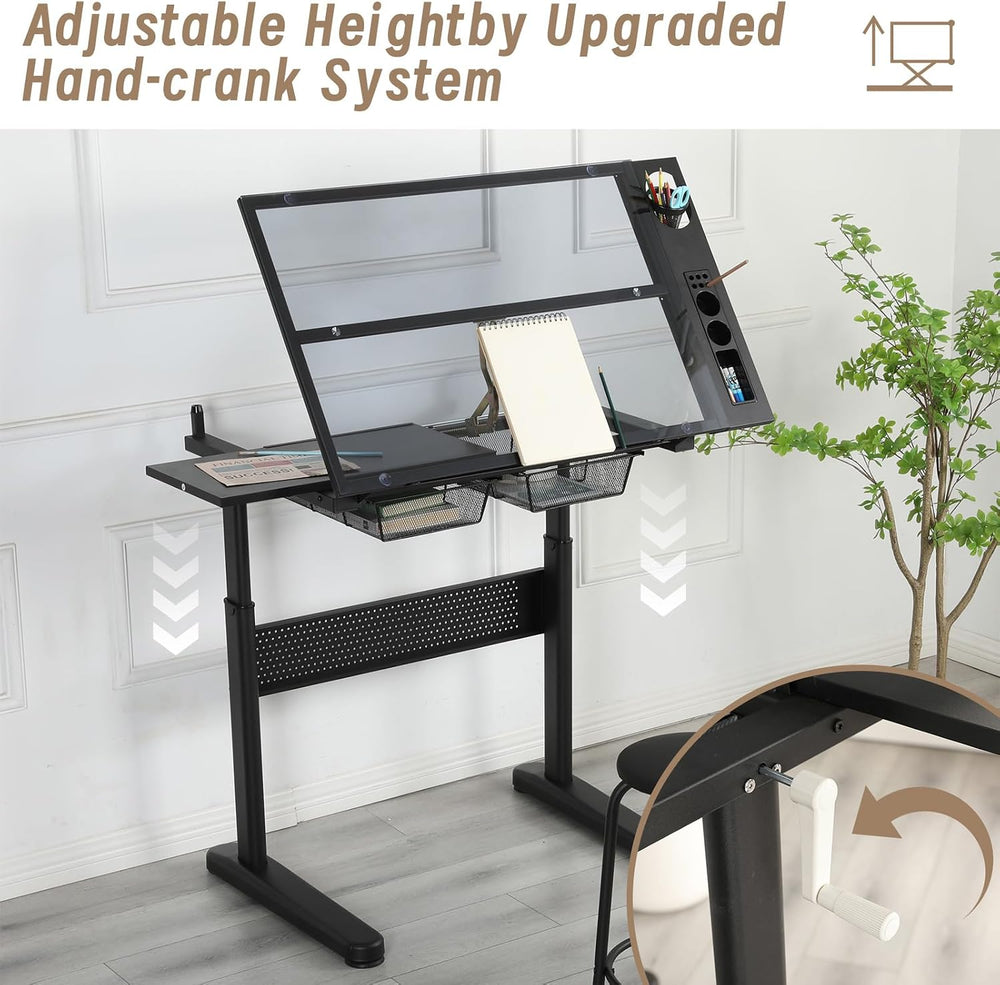 Adjustable Drafting Table with Hand-Crank Lift, 0-75° Tilting Tempered Glass ...