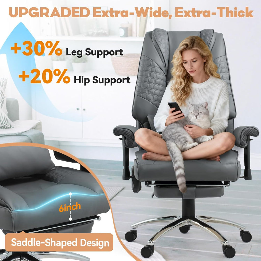 Massage & Heated Office Chair with Foot Rest, Ergonomic Executive Office Chair with Reclining Backrest, Adjustable Arms & Lumbar Support, High Back Leather Desk Chairs for Home Office, Gray