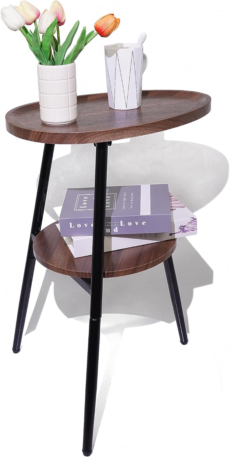 Side Table Small End Table, Oval Round Wood Sofa Table, 2 Tier Accent Table N...