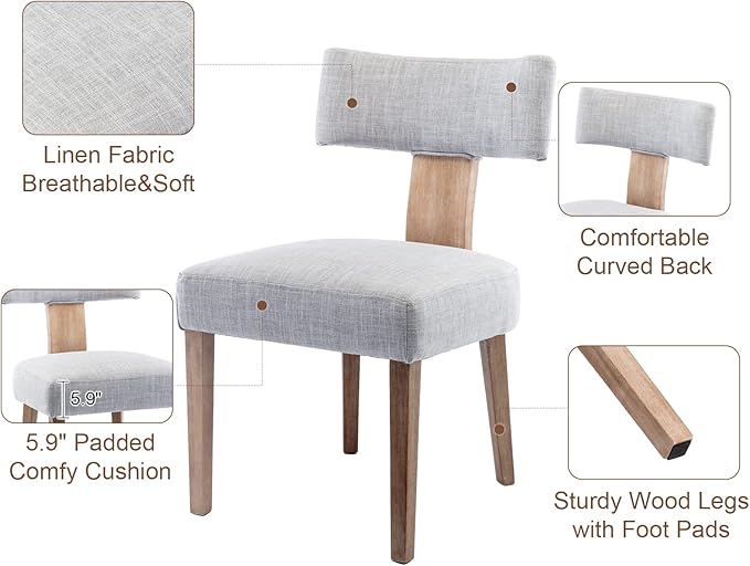 Mid Century Modern Dining Chairs Set of 2, Upholstered Wooden Dining Room Chairs, Farmhouse Kitchen Chairs, Accent Armless Side Chairs with Curved Back for Living Room, Grey Linen, 2PCS