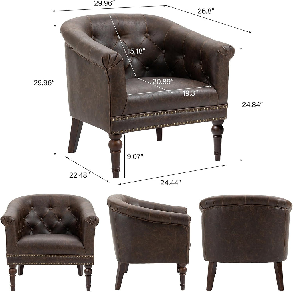 Faux Leather Barrel Accent Chair with Nailhead, Chocolate, Set of 1 | Low-Back Design | Solid Wood Frame & Legs | High-Density Foam Seat | For Living Room, Bedroom, Reception & Office