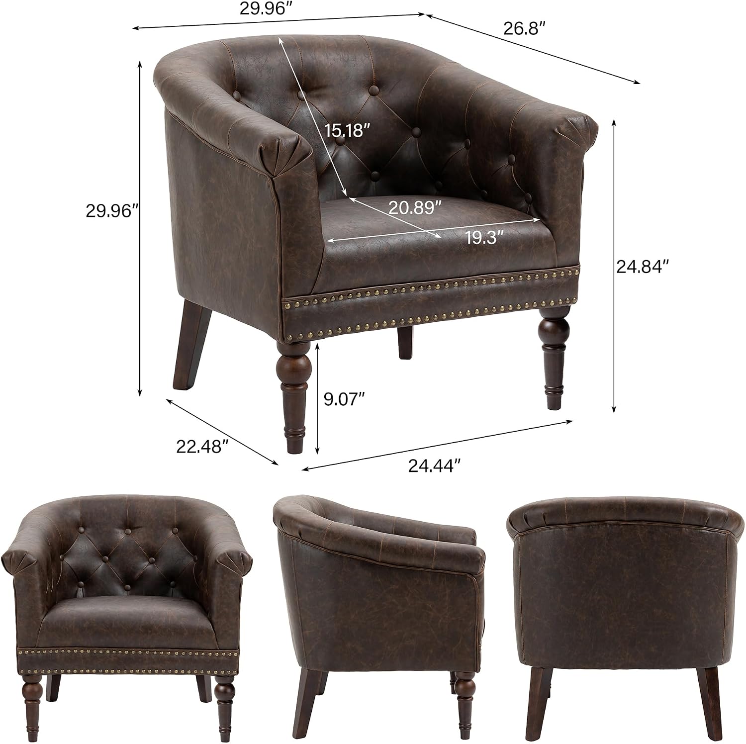 Faux Leather Barrel Accent Chair with Nailhead, Chocolate, Set of 1 | Low-Back Design | Solid Wood Frame & Legs | High-Density Foam Seat | For Living Room, Bedroom, Reception & Office