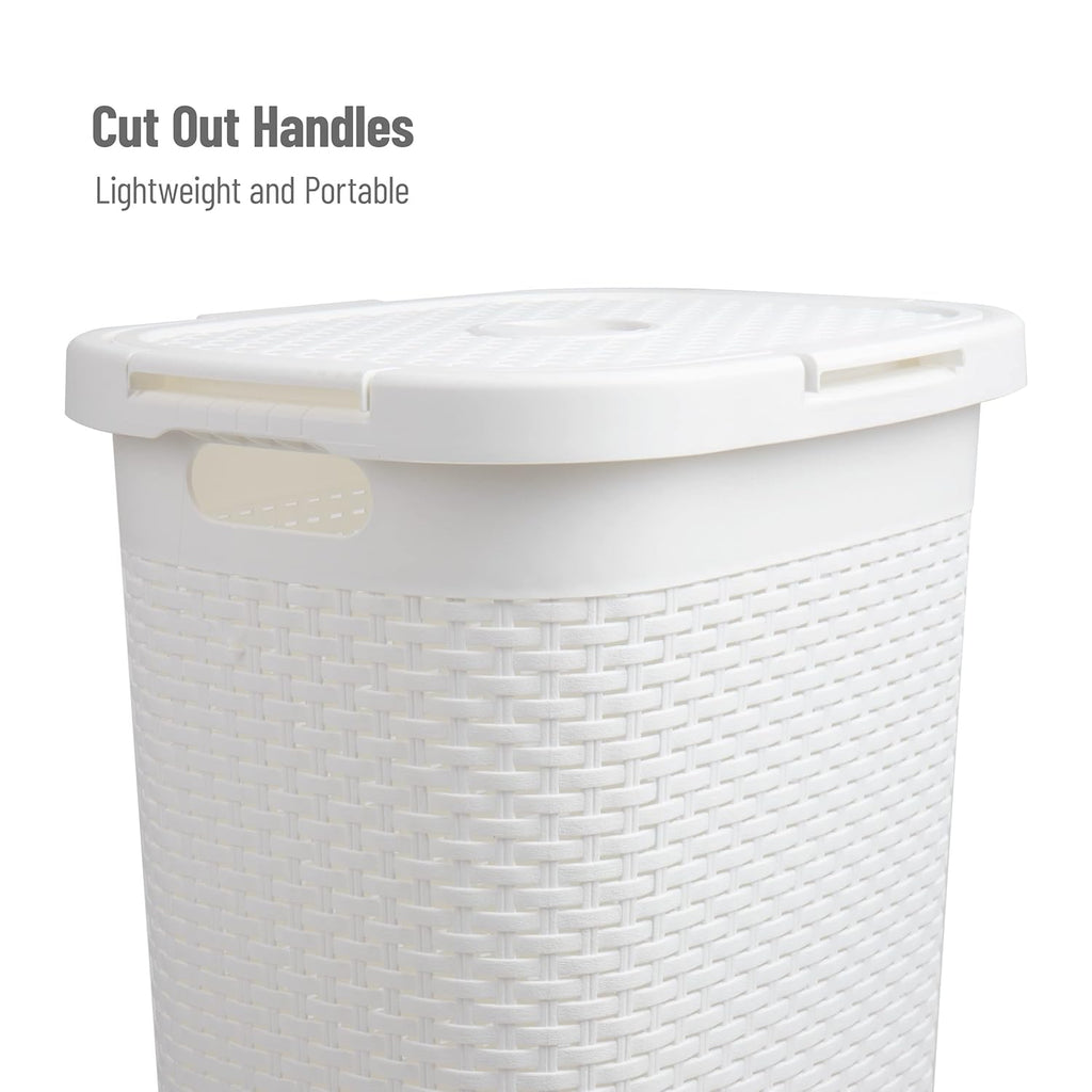 Mind Reader Slim Laundry Hamper with Lid, 60L Clothes Basket, Premium Wicker Design, Plastic, White