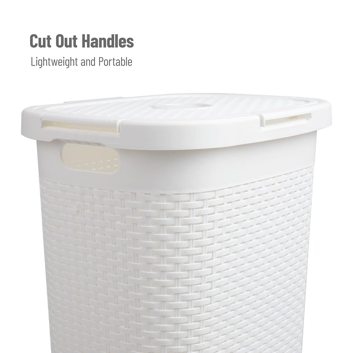 Mind Reader Slim Laundry Hamper with Lid, 60L Clothes Basket, Premium Wicker Design, Plastic, White