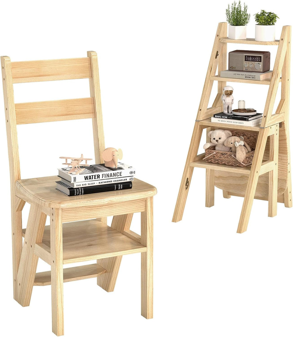 Baoz 3-in-1 Wooden Library Ladder, 4 Tier Folding Ladder, Convertible Step St...