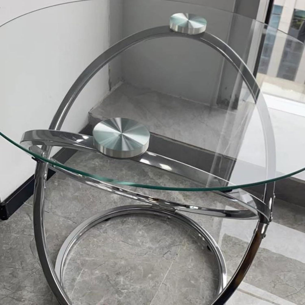 End Table Round Side Table, Glass End with Metal Frame, Small Coffee with Mod...