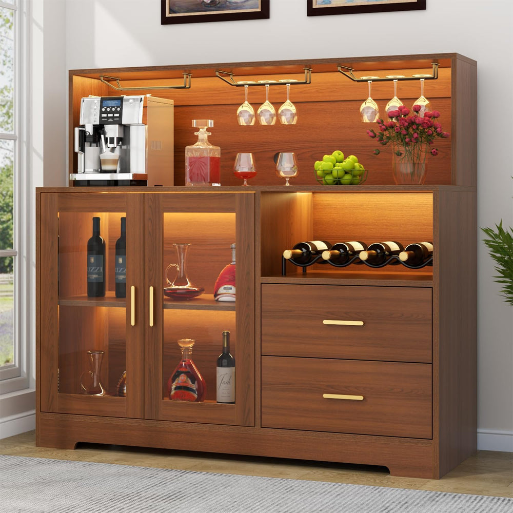 Bar Cabinet for Home with LED Light,Coffee Bar Cabinet w/ Wine & Glass Ra...