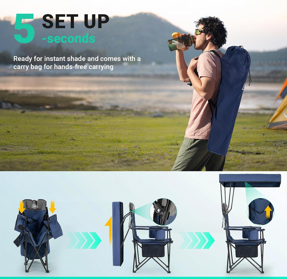 Overmont 2 Pack Camping Chair with Canopy, Oversized 330lbs Heavy Duty Foldin...