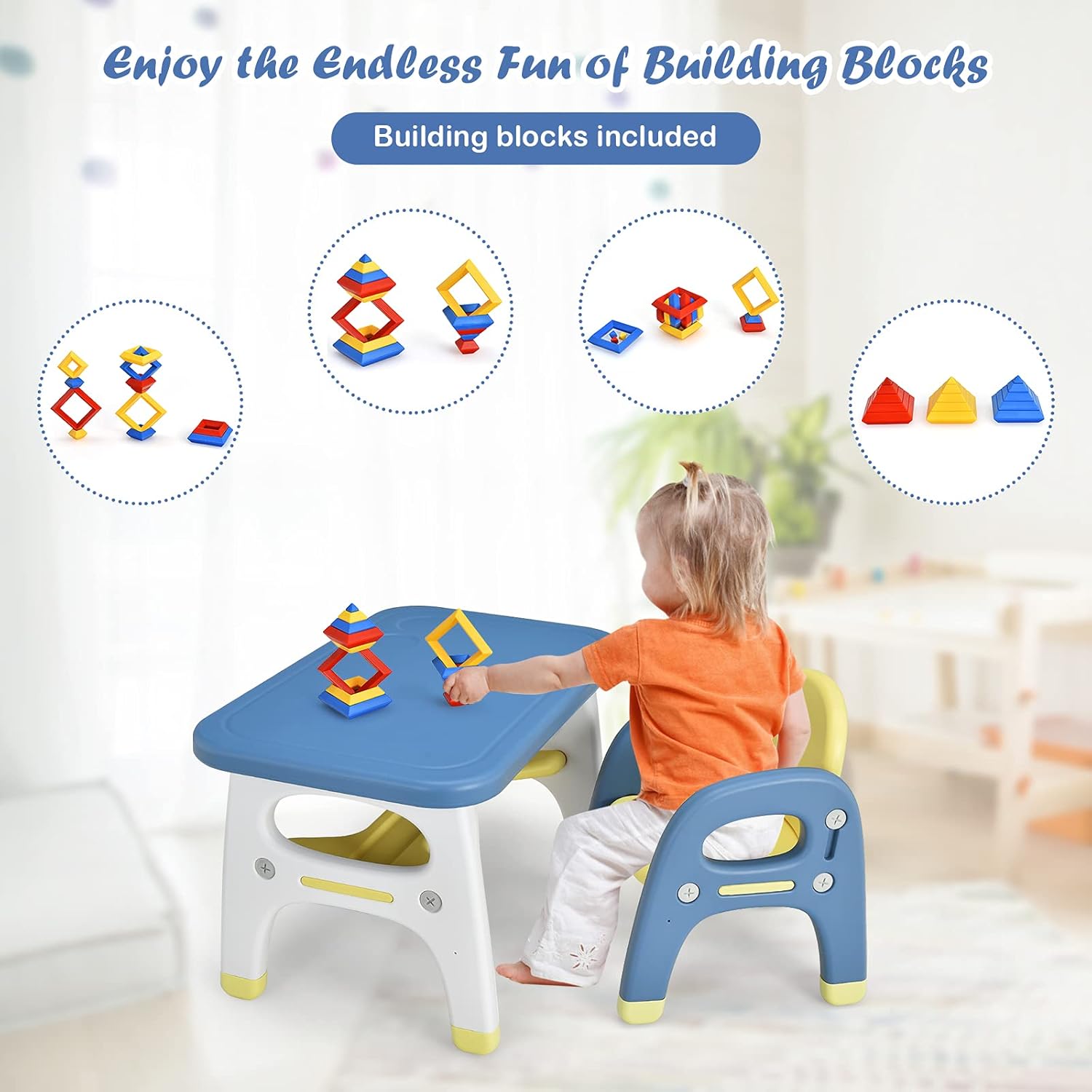 Costzon Toddler Table and Chair Set, Cute Dinosaur Children Activity Art Sturdy Desk Set w/Storage Rack & Montessori Building Blocks, Kids Table and Chair for Baby Boys Girls (Blue)