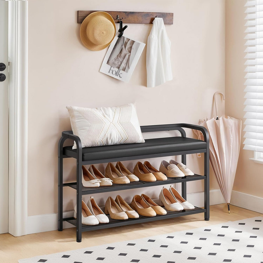 YATINEY Shoe Bench with Backrest, Entryway Bench, 2-Tier Shoe Rack with PU Pa...