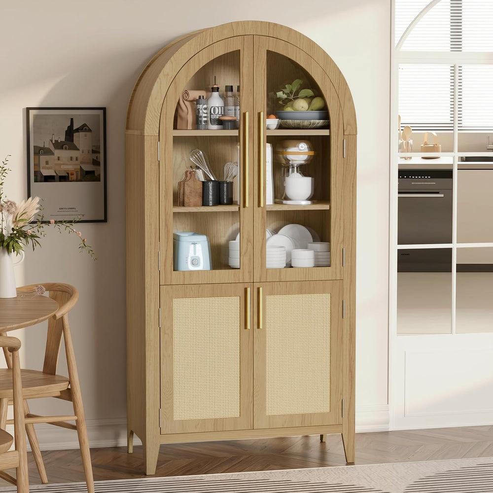 63" Tall Arched Cabinet with Glass Doors, Kitchen Pantry Storage Cabinet...