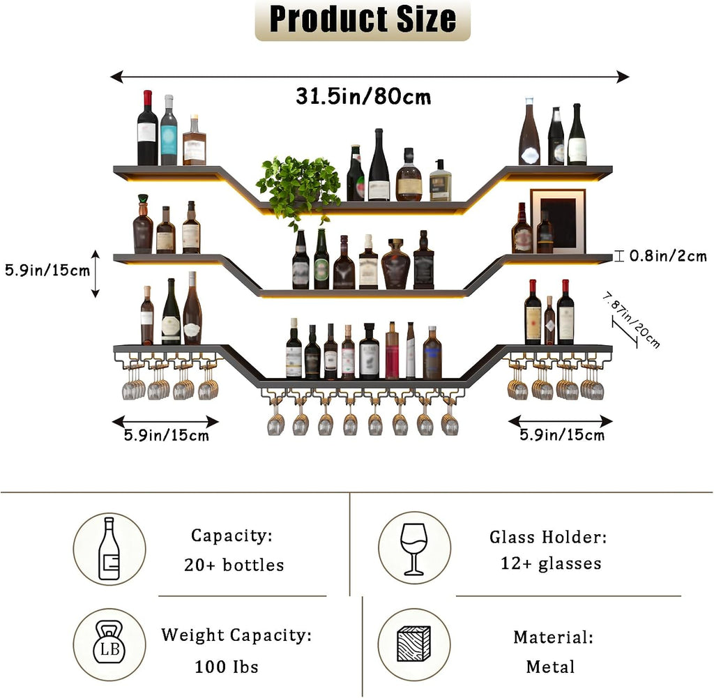 31.5"Modern LED Wine Rack Wall Mounted,3-Tier Floating Bar Shelves | Large Hanging Liquor Shelf Wall Mounted with Wine Glass Rack,DIY Modular WaveDesign,Black Metal for Home Bar Dining Room Cafe