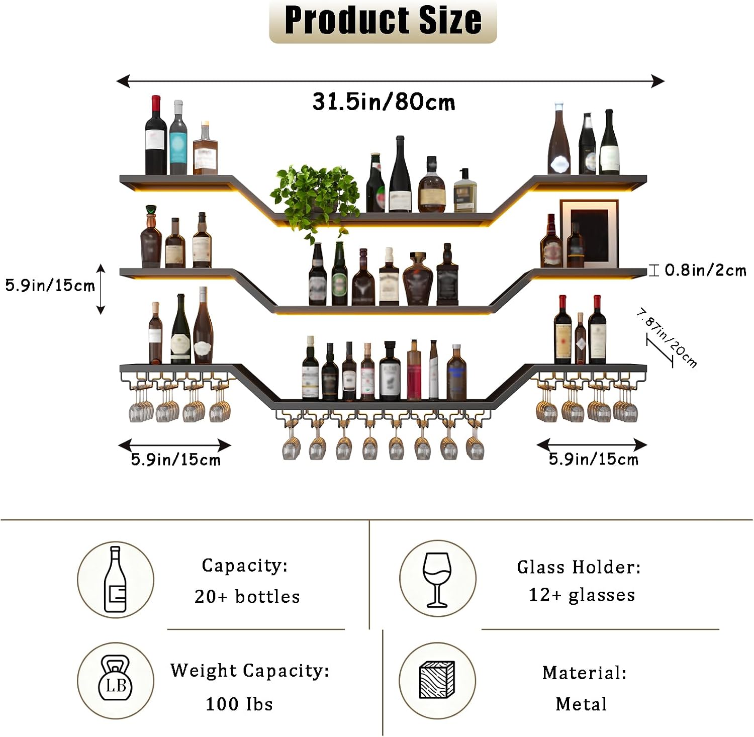 31.5"Modern LED Wine Rack Wall Mounted,3-Tier Floating Bar Shelves | Large Hanging Liquor Shelf Wall Mounted with Wine Glass Rack,DIY Modular WaveDesign,Black Metal for Home Bar Dining Room Cafe