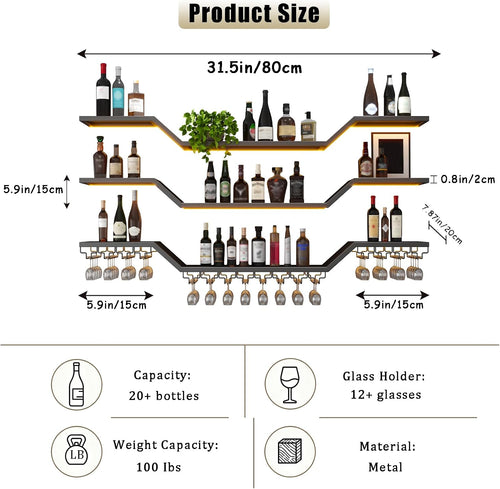 31.5"Modern LED Wine Rack Wall Mounted,3-Tier Floating Bar Shelves | Large Hanging Liquor Shelf Wall Mounted with Wine Glass Rack,DIY Modular WaveDesign,Black Metal for Home Bar Dining Room Cafe