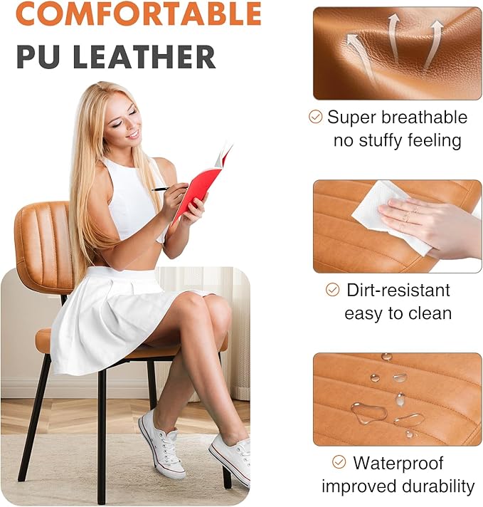 Sweetcrispy Dining Chairs Set of 6, Upholstered Mid Century Modern Kitchen Accent Chairs with Faux Leather Cushion Seat & Metal Legs for Home Office, Living Room - Brown