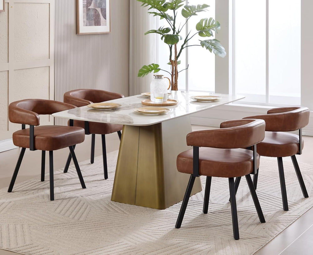 Shunzhi Brown Upholstered Leather Dining Chairs Set of 4 Modern Barrel Dining...