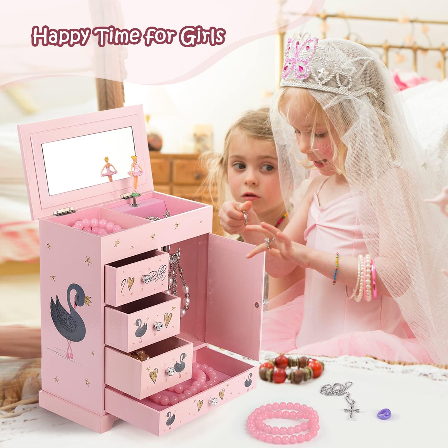 Jewelry Box for Girls 8.9 x 4.92 x 10.98 inch Large 5 Layer Music Box with Spinning Ballerina with Unicorn Necklace & Bracelet Set Jewelry Organizer for Kids Birthday Christmas Gift Pink