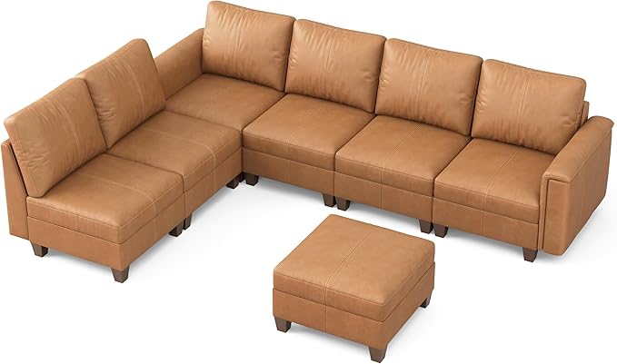 SITJOY 118" Faux Leather Modular Sectional Sofa with Storage, Mid Century Modern Sectional Couches for Living Room, Soft Padded Armrests, 7 Seat L Shaped Couch with Ottoman, Brown