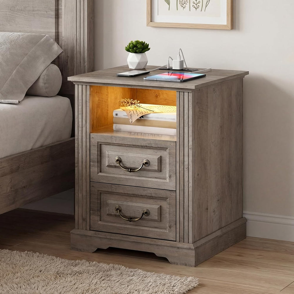 RALGEND Farmhouse End Table with 2 Drawers, Nightstand with Charging Station,...