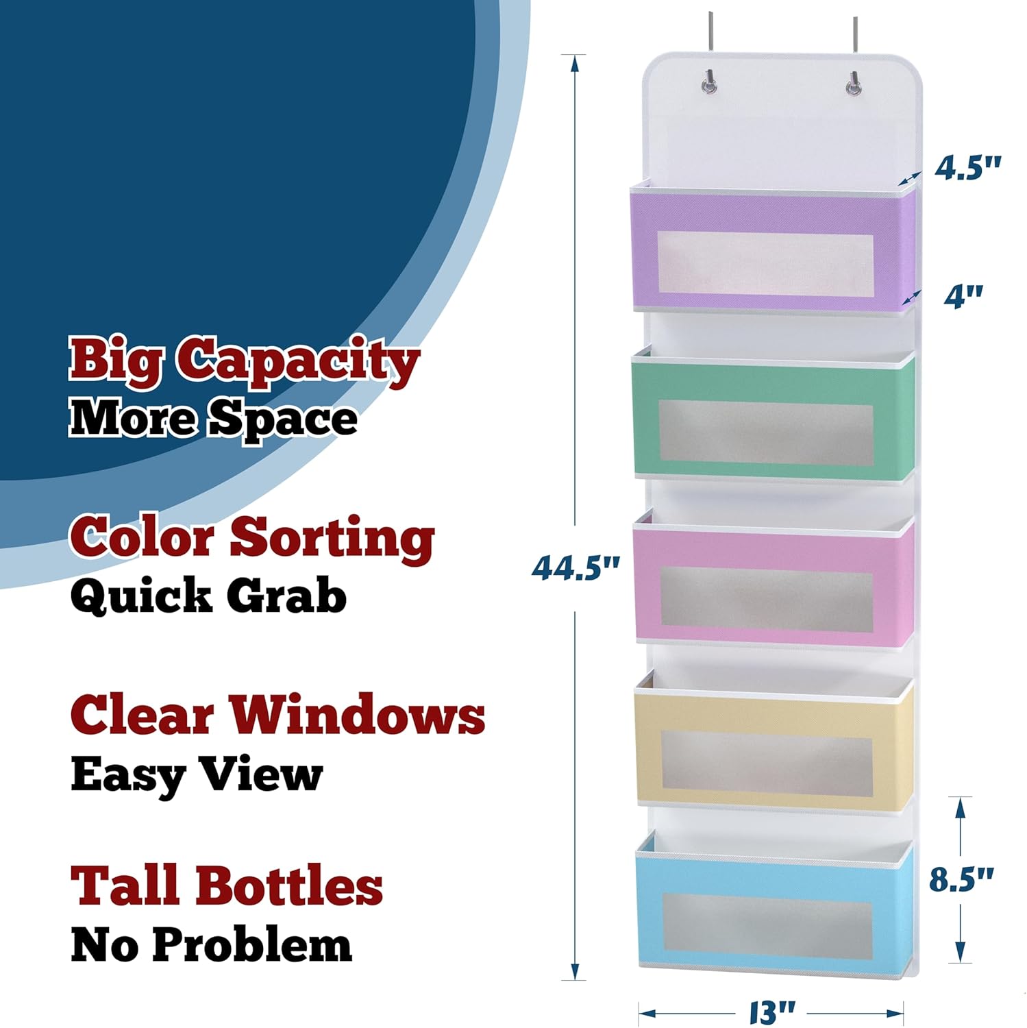Simple Houseware 5 Clear Window Pocket Over Closet Door Storage Hanging Organizer for Bedroom, Bathroom, Pantry, Colorful
