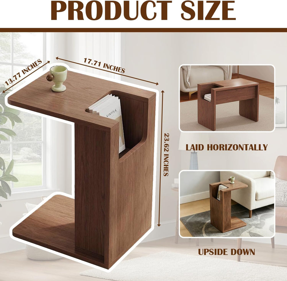Modern C Shaped End Table for Couch,Walnut Solid Wood Nightstand,Slide Under ...